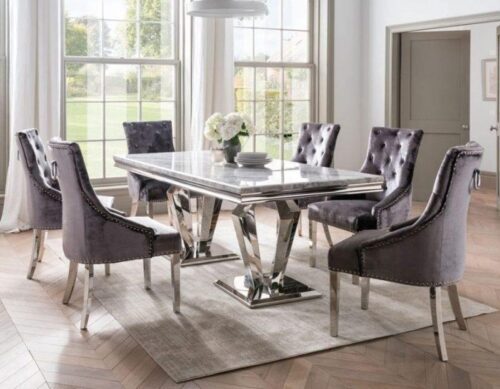180cm Dining Table Set - Chrome & Grey Oblong Marble - 6 Chairs