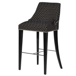 Black Velvet & Silver Fabric Chrome Studded High Back Bar Stool - Chrome Foot Bar