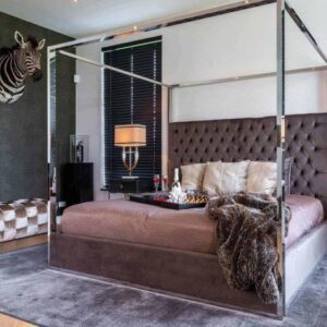 6ft Super King-Size Bed - Chrome Surround 4 Poster Bed - Quartz Mouse Grey Velvet