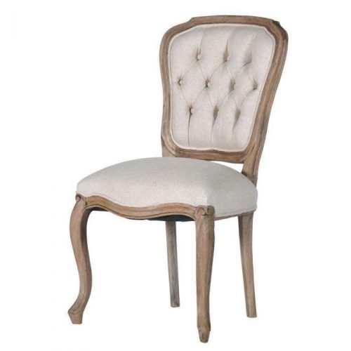 Dining Chair - Reclaimed Carved Oak - Deep Buttoned Linen Fabric