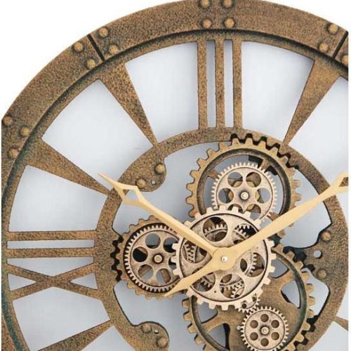 60cm Wall Clock – Round Gold Finish Moving Cogs – Roman Numerals
