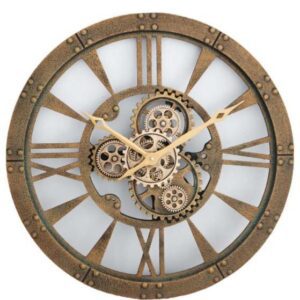 60cm Wall Clock - Round Gold Finish Moving Cogs - Roman Numerals