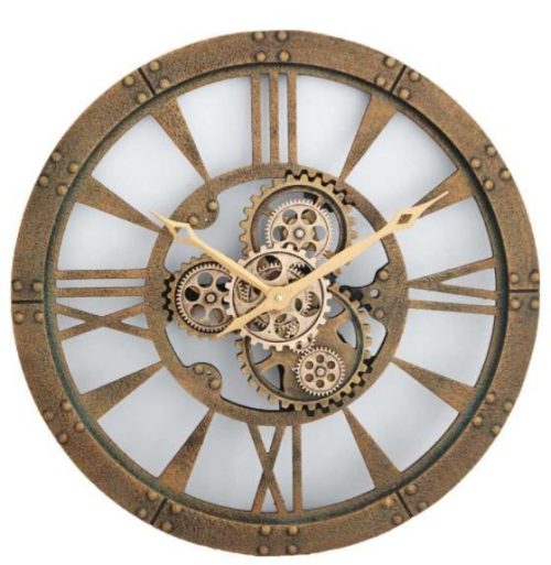 60cm Wall Clock - Round Gold Finish Moving Cogs - Roman Numerals