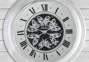 Wall Clock Battery Operated Silver Finish Moving Cogs