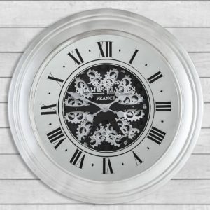 Wall Clock Battery Operated Silver Finish Moving Cogs