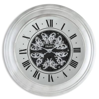 Wall Clock ‘Champs Elysee’ Glass Fronted – Moving Cogs – Silver Finish