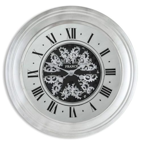 Wall Clock ‘Champs Elysee’ Glass Fronted – Moving Cogs – Silver Finish