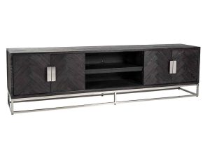 Long TV Sideboard - Chrome & Black Ash Herringbone Finish - 4 door - Blackbone Collection
