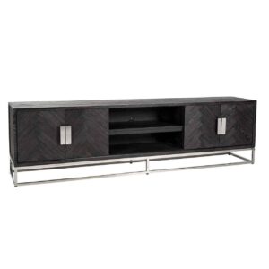 Long TV Sideboard - Chrome & Black Ash Herringbone Finish - 4 door - Blackbone Collection