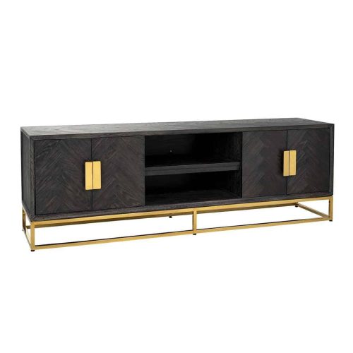 TV Sideboard - Brass & Black Ash Herringbone Finish - 4 door - Blackbone Collection