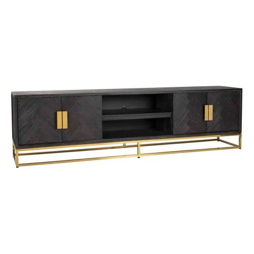 Long TV Sideboard - Brass & Black Ash Herringbone Finish - 4 door - Blackbone Collection