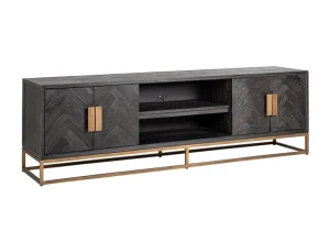 Long TV Sideboard - Brass & Black Ash Herringbone Finish