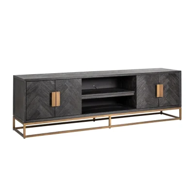Long TV Sideboard - Brass & Black Ash Herringbone Finish 