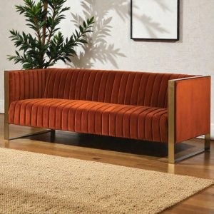 3 Seater Burnt Orange Sofa - Deep Ribbed Velvet - Brass Finished