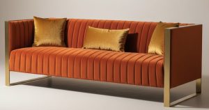 3 Seater Burnt Orange Sofa - Deep Ribbed Velvet - Brass Finished