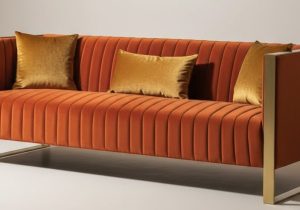 3 Seater Burnt Orange Sofa - Deep Ribbed Velvet - Brass Finished