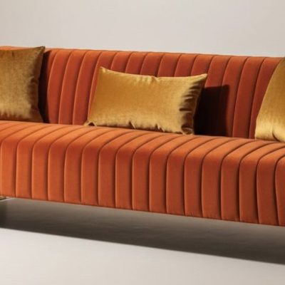 3 Seater Burnt Orange Sofa - Deep Ribbed Velvet - Brass Finished