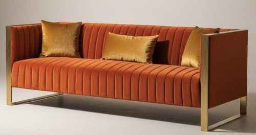 3 Seater Burnt Orange Sofa - Deep Ribbed Velvet - Brass Finished