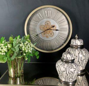 Wall Clock - Round Moving Gold Cogs - Pewter Metal Finish