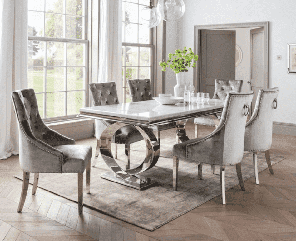 200cm Dining Table Set Chrome White Marble 6 Pewter Velvet Chairs