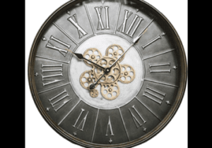 Wall Clock - Round - Central Moving Gold Cogs - Pewter Metal Finish
