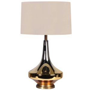 Table Lamp - Amber Based Glass Finished Table Lamp - Round Beige Shade