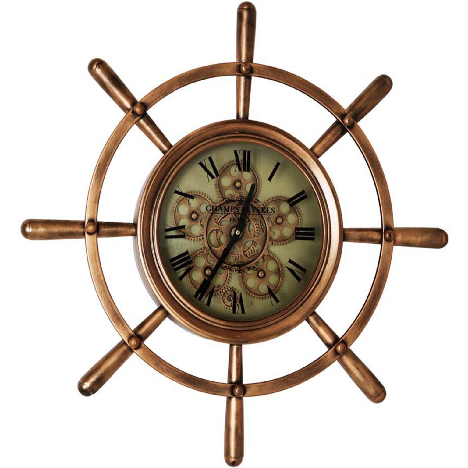 Wall Clock - Round Moving Cogs - Gold Silver & Black Finish