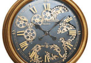 Round Glass Fronted Moving Cogs Wall Clock - Gold Finish