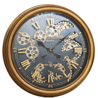 Round Glass Fronted Moving Cogs Wall Clock - Gold Finish
