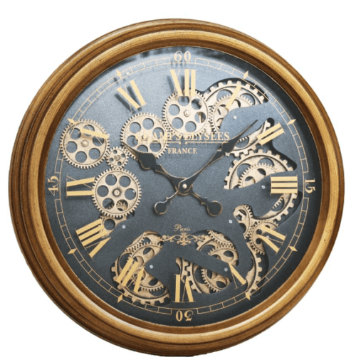 Round Glass Fronted Moving Cogs Wall Clock - Gold Finish