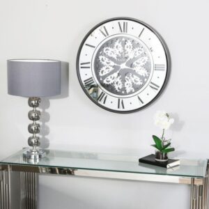 Wall Clock -'Champs Elysées'- Moving Cogs - Mirror & Black Finish