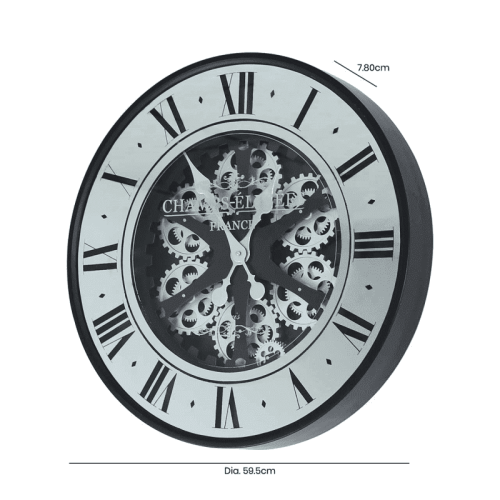 Wall Clock -'Champs Elysées'- Moving Cogs - Mirror & Black Finish