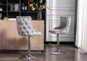 Bar Stool - Chrome Trim - Knocker Back - Silver Grey Velvet Fabric