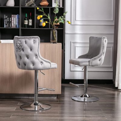 Bar Stool - Chrome Trim - Knocker Back - Silver Grey Velvet Fabric