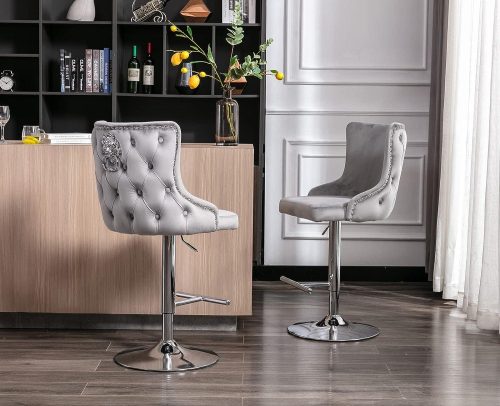 Bar Stool - Chrome Trim - Knocker Back - Silver Grey Velvet Fabric