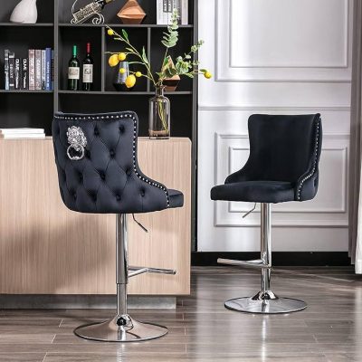 Bar Stool – Chrome – Deep Buttoned – Lion Knocker – Black Velvet