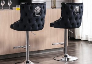 Bar Stool - Chrome - Deep Buttoned - Lion Knocker - Black Velvet