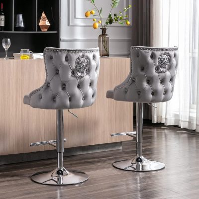 Bar Stool – Chrome – Deep Buttoned – Lion Knocker – Silver Velvet