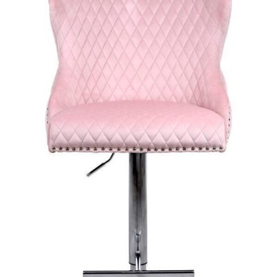 Bar Stool – Chrome – Deep Buttoned – Lion Knocker – Pink Velvet