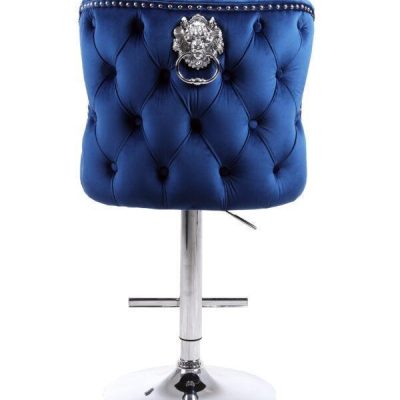 Bar Stool – Chrome – Deep Buttoned – Lion Knocker – Blue Velvet