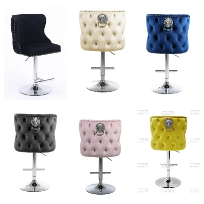Bar Stool – Chrome – Deep Buttoned – Lion Knocker – Grey Velvet