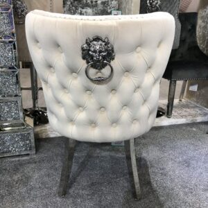 Dining Chair - Cream Velvet Deep Buttoned Chrome Leg - Chrome Lion knocker