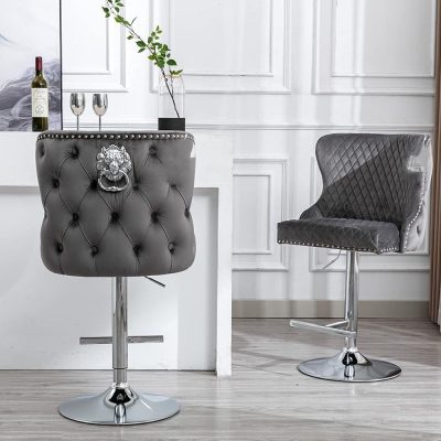 Chrome Bar Stool Grey Velvet - Lion Knocker - Deep Buttoned 