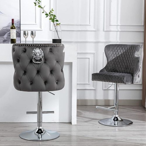 Chrome Bar Stool Grey Velvet - Lion Knocker - Deep Buttoned 