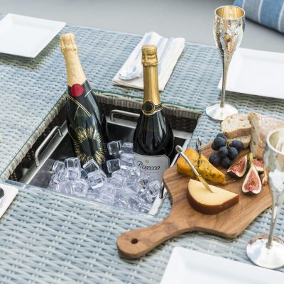 Garden Corner Sofa Dining Set – Rising Table – Ice Bucket – Grey Poly Rattan