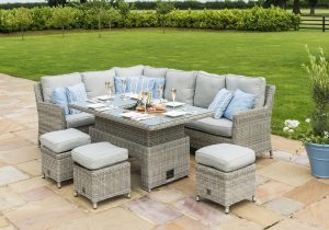 Garden Corner Sofa Dining Set - Rising Table - Ice Bucket - Grey Poly Rattan