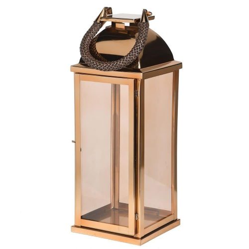 Medium Highly Polished Gold Metal Hurricane Lantern - Rope Handle