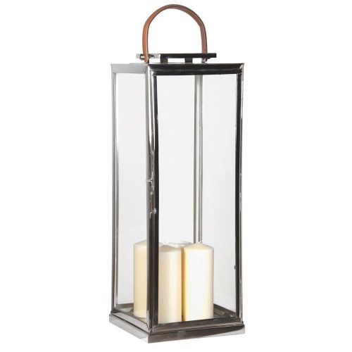 Large Chrome Floor Standing Hurricane Lantern - Glass Sides Leather Handle