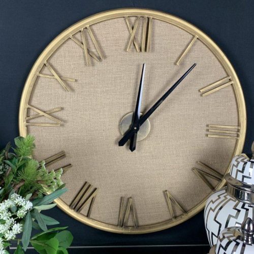 Wall Clock – Gold Metal Finish – Roman Numerals – Linen Background