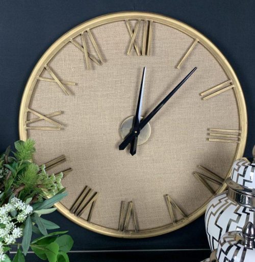 Wall Clock - Gold Metal Finish - Roman Numerals - Linen Background